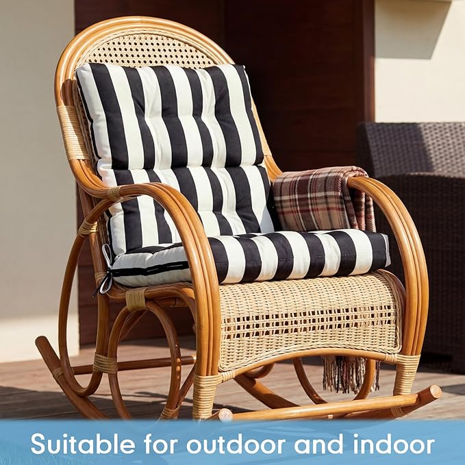 Hoteam 2 Pcs High Back Chair Cushions Set - 44'' x 21'' Indoor Outdoor Waterproof Soft Thicken Stripes Replaceable Cushion for Garden Summer Rocking Chair, Patio Furniture (Black Stripes)