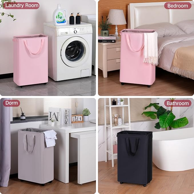 efluky Slim Laundry Hamper with Wheels, Rolling Laundry Basket for Clothes, Small Laundry Basket for Bedroom, Dorm and Laundry Room, 75L (19.8 Gallons) Purple