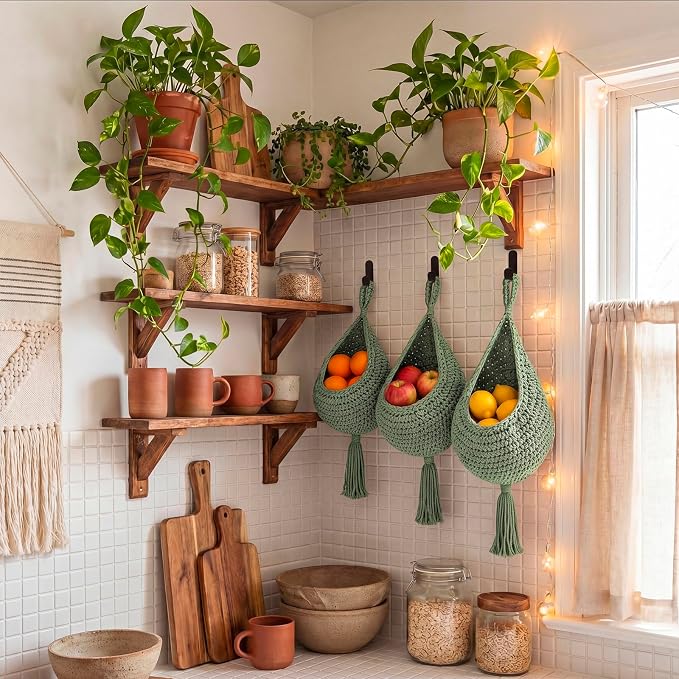 Honeydak 3 Hanging Baskets, Sage Green, Tassel, Cotton Rope | Wicker Wall Baskets with Hooks for Fruit Vegetable Onion Storage, Teardrop Organizer for Kitchen, Boho Farmhouse Decor