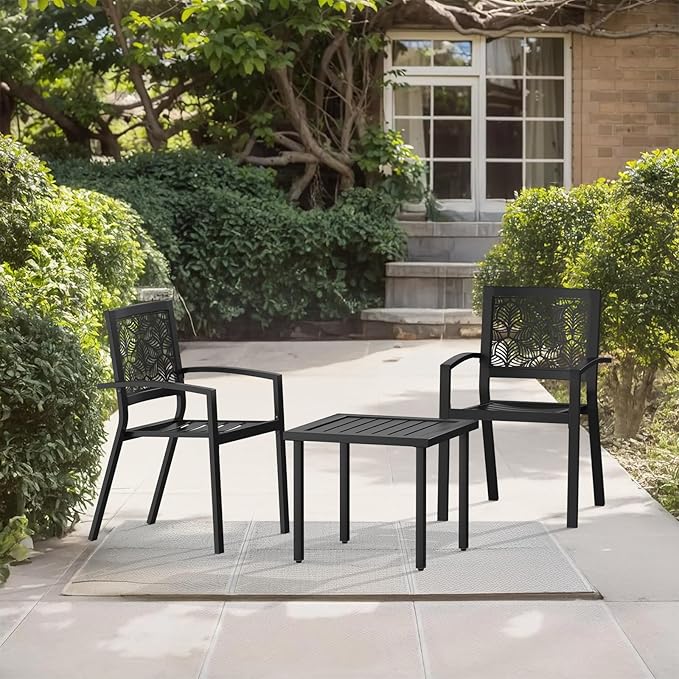 BUPPLEE 3 Piece Patio Bistro Set, Outdoor Steel Furniture Set, Stackable Modern Conversation Sets for Balcony Garden Deck Patio w/2 Chairs 1 Table, Black