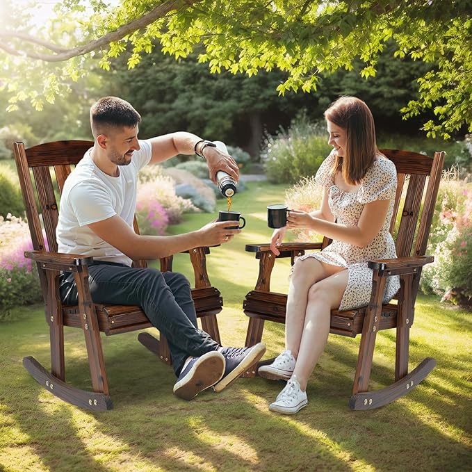 VINGLI Outdoor Rocking Chair, Heavy Duty 600 LBS Wooden Rocking Bench with Comfortable Backrest, Weatherproof Patio Rocker with Ergonomic Design, Wood Rocking Chair for Patio, Garden (Rustic, 2 PCS)