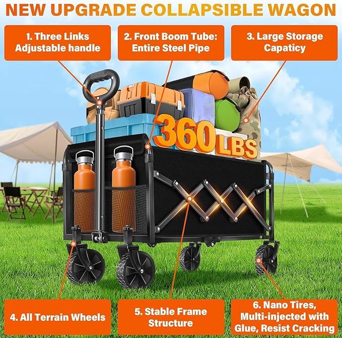 Wagons Carts Foldable, Collapsible Folding Wagon, Portable Folding Wagon Cart with Wheels, Outdoor Utility Carts for Groceries, Camping, Sports, Shopping, Black