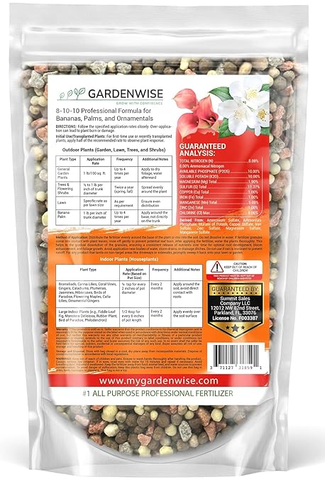GARDENWISE Elite 8-10-10 Professional Fertilizer for Banana, Flowering, and Fruit Trees, Ornamentals - Boosts Flowering & Fruiting - for Indoor & Outdoor Plants (5 QUARTS)