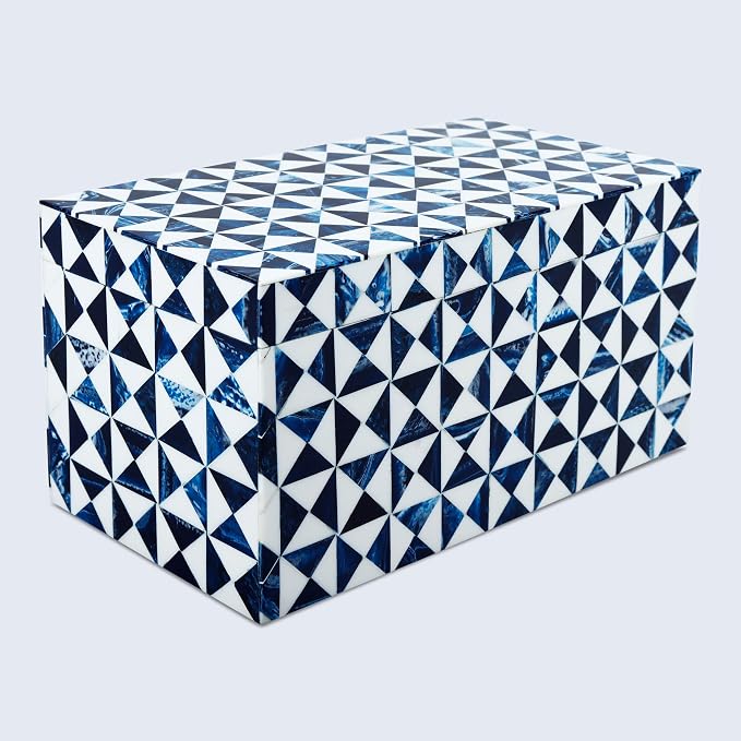Handicrafts Home Blue and White Decorative Storage Box with Lid– Large Decorative Storage Box, Handmade Resin Inlay Wooden Box, Memory Keepsake Box, Jewelry Organizer, Coffee Table Decor Box-10x5x5