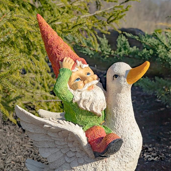 Zaer Ltd. Classic Spring Gnome Garden Statue in Assorted Styles (Gnome Riding Duck)