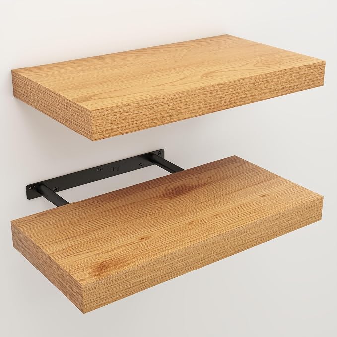 16" Natural Oak Color Floating Shelves Wood Wall Shelf, Set of 2 | Wall Mounted Wood Shelves, For Bathroom, Bedroom, Living Room, Kitchen, Hanging Shelf for Books/Storage/Room Décor