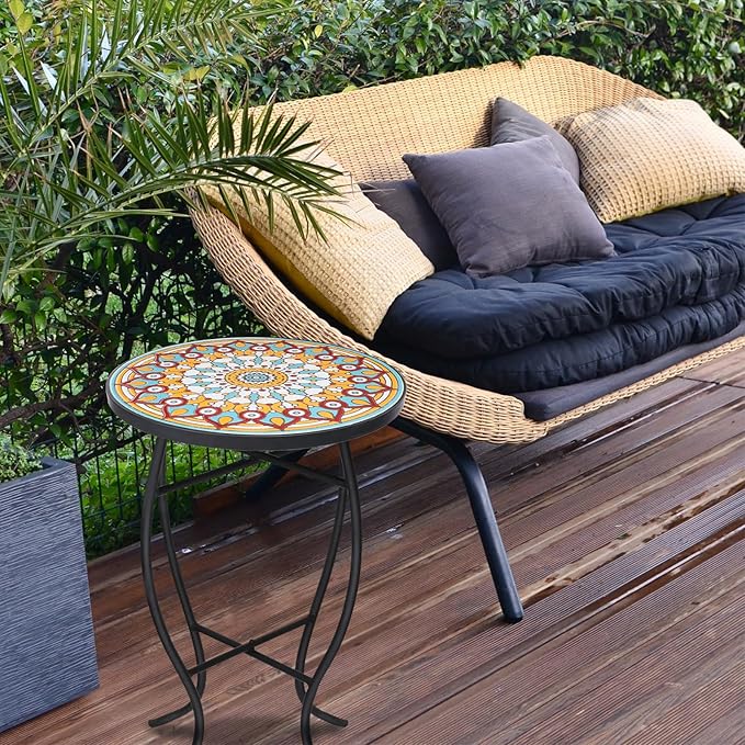 VCUTEKA Mosaic Outdoor Side Table - Small Patio Table Coffee Outside Accent Tables Round End Plant Tables for Bistro Balcony Porch Outdoor Benches 14'' Multi Yellow