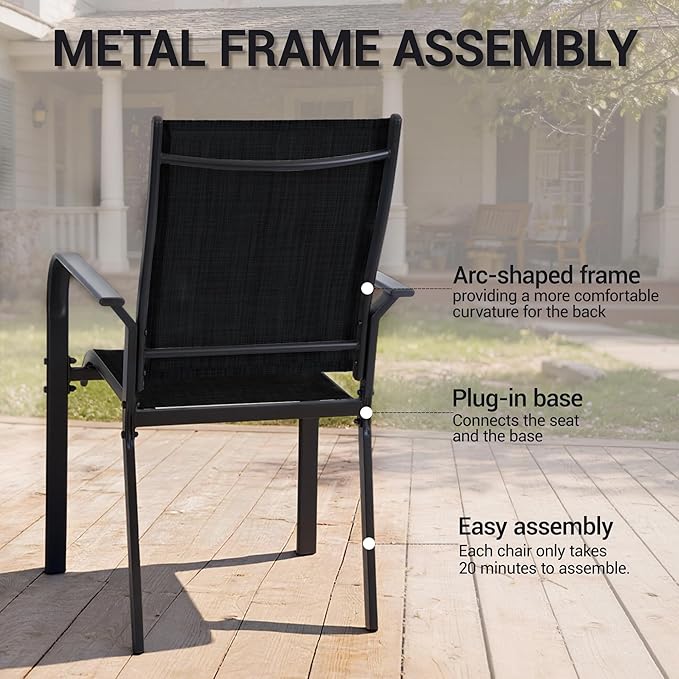 Patio Chairs Set of 4, Outdoor Dining Chairs, High Back Wide Seat with All Weather Breathable Textilene, for Lawn Garden Backyard, Black