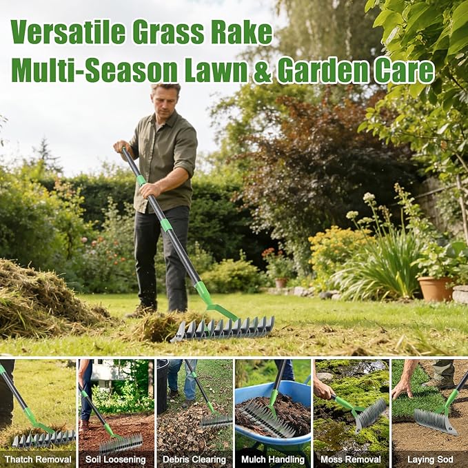 Thatch Rake for Lawn,13" Wide Heavy Duty Steel Dethatcher Rake with 55" Long Handle for Cleaning Dead Grass,Manual Thatching Rake for Cleaning Dead Grass,Loosening Soil,Lawn Care Yard&Garden