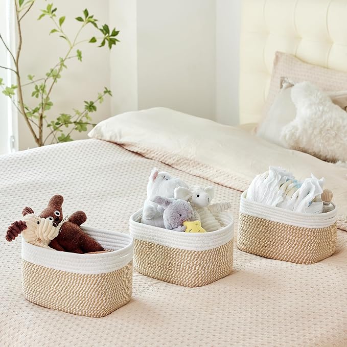 R RUNKA Small Cotton Rope Basket – Storage Bin for Organizing (10.6" x 6.7" x 6.7"), Bathroom Storage Basket for Shelf, Counter & Closet(White & Mixed Camel)