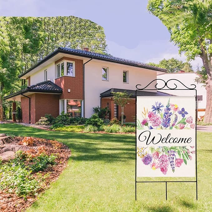 Summer Decor House Flag 28x40 Inches, Watercolor Flower Floral Leaves Welcome Flag Vertical Double Sided, Farmhouse Outdoor Spring Summer Decoration Large Flag for Yard Lawn Home Decor (Pink