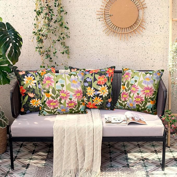 Pyonic Outdoor Pillows Cover Pack of 2 Spring Floral Waterproof Throw Pillow Covers 20X20 inch Outdoor Pillows for Patio Furniture Garden Square Outside Waterproof Pillow ,Black