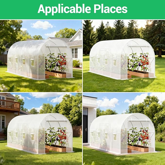 Premium 14.6x6.4x6.3 Ft Greenhouse for Outdoors, Large Walk-in Heavy Duty Galvanized Steel Frame, Mesh Door Screen Window Tunnel Hoop Garden Plant Winter Hot House for Backyard Plants Shed White