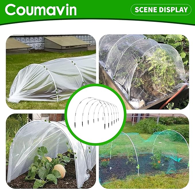 8FT Rust-Free Fiberglass Garden Hoops -72 PCS DIY Grow Tunnel Kit for Raised Beds, Row Cover Support with Connectors/Clips, Sun Shade &Year-Round Plant Protection, White