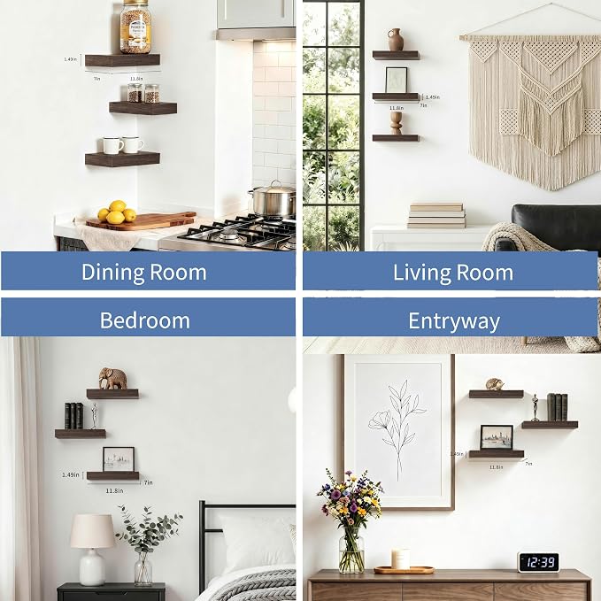 Smoke Gray Floating Shelves for Bathroom, 12 Inch Wall Set of 3 | Above Toilet Storage Shelves, Easy Install, Easy-Clean, 33lbs Max Load, Hidden Brackets, Bedroom Living Room Kitchen Decor