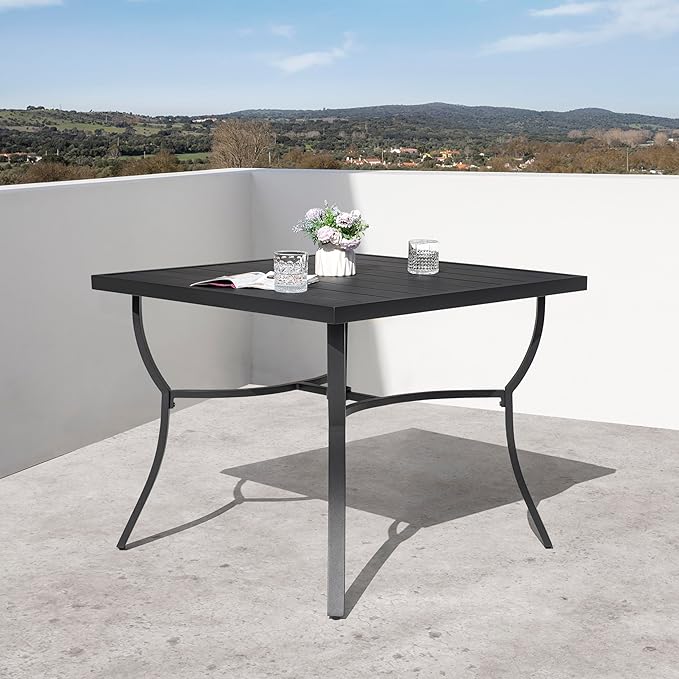 NUU GARDEN 36" Aluminum Slat Top Outdoor Patio Dining Table, 4 Person Square Aluminum Bistro Table with 1.97" Umbrella Hole, Powder Coated Frame Dining Tables for Lawn, Garden and Balcony, Black