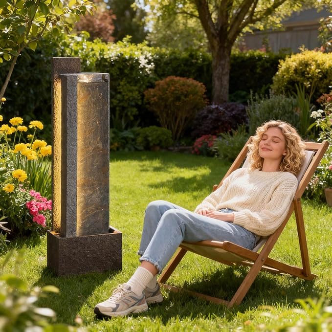 Sunlinua 43H Modern Outdoor Water Fountain with LED Light Garden Cascading Waterfall Feature for Indoor or Outdoor Cascading Waterfall for Relaxing Garden Patio Backyard Deck Porch or Home Décor