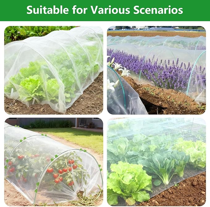 Garden Netting Kit for Raised Beds, 10x30FT Ultra Fine Mesh Netting &6 Sets Fiberglass Garden Hoops, Insect Netting for Garden Plant Row Cover Vegetable Flowers Protection Barrier