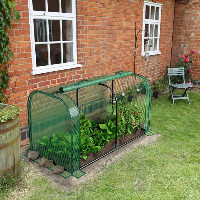 Giantex Raised Garden Bed with Cover, Wood Elevated Planter Box with Legs & Mini Greenhouse, Waterproof Sun-Protective PE Green House Cover, Outdoor Use for Fruit Vegetable Flower Herb (Green+Natural)