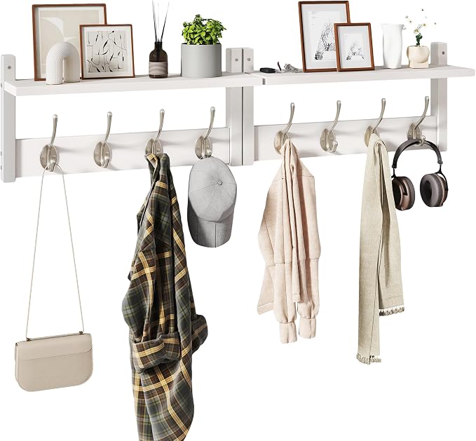 YMYNY Coat Rack Wall Mount with Shelf and Hooks, White UHWS001W-2