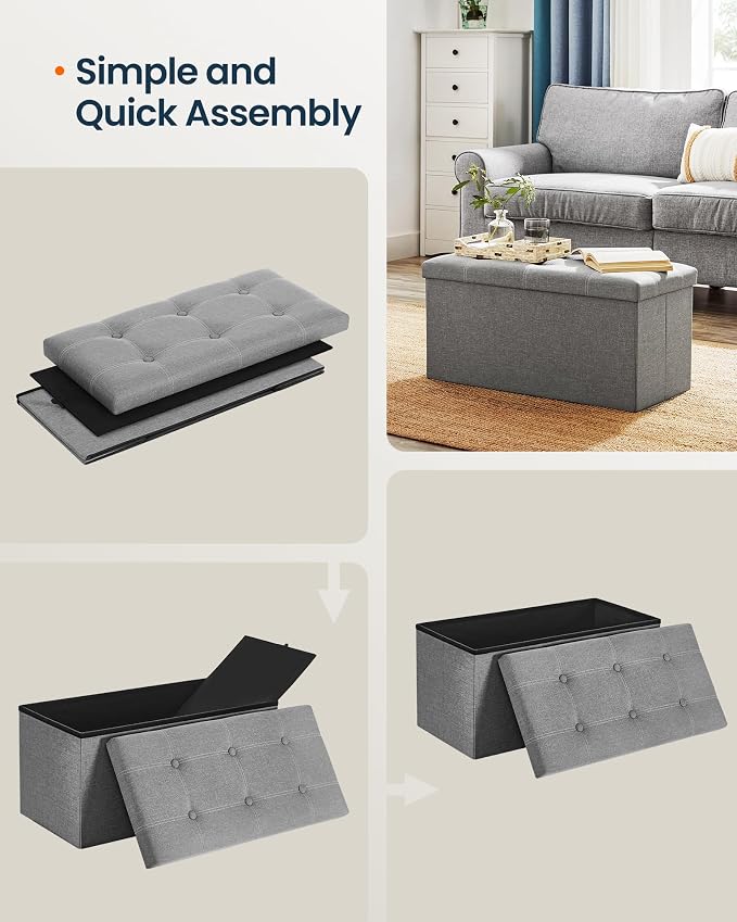 SONGMICS HOME Storage Ottoman, 21 Gallons End of Bench, 15.2 x 30.2 x 15.2 Inches, for Entryway, Living Room, Light Gray
