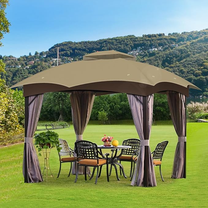 Replacement Gazebo Canopy Top Cover for 10 x 12, Double Tiered Waterproof Canopy Roof for Lowe's Allen Roth Gazebo #GF-12S004B-1 (Khaki)