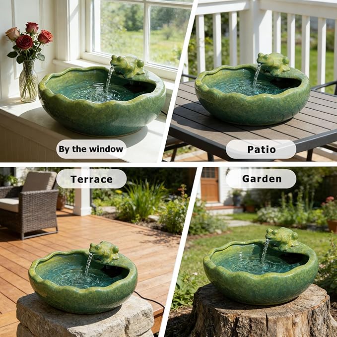Ceramic Solar Water Fountain with Battery Backup, Solar Powered Water Fountain,Outdoor Water Feature Bird Bath for Garden, Patio & Yard Decor,Working at Night for at Least 6 Hours (Frog).
