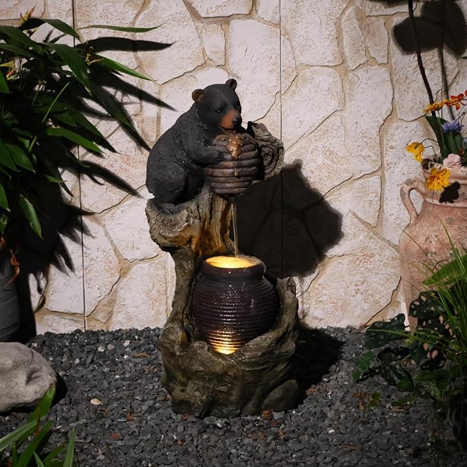 Sunlinua 33" H Bear Outdoor Water Fountain, Decorative Resin Water Fountain with LED Lights, Garden Waterfall Fountains Indoor and Outdoor for Patio, Porch, Courtyard, Home Decor