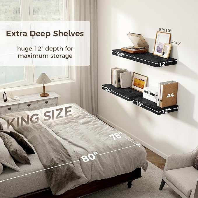 Black Floating Shelves 36 Inch Long, 12 Inch Deep Floating Shelves for Wall, 36 x 12 Shelves for Wall Storage & Display, 2" Thick Floating Shelf for Bathroom, Living Room, Bedroom, Set of 2