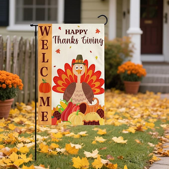 OHOME Thanksgiving Decorations - Welcome Garden Flag | Thanksgiving Decor Outdoor Outside - Friendsgiving Party Decorations Essentials Double-Side Backdrop Banner for Garden Porch Patio Lawn,12x18 Inch