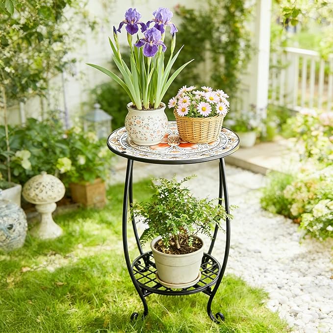Arbuxzuy 12 Inch Small Outdoor Side Table with Colorful Flowers, Glass Mosaic Patio Table Indoor, Round Plant Coffee Table for Living Room, Balcony, Garden(Pink Flowers Style)