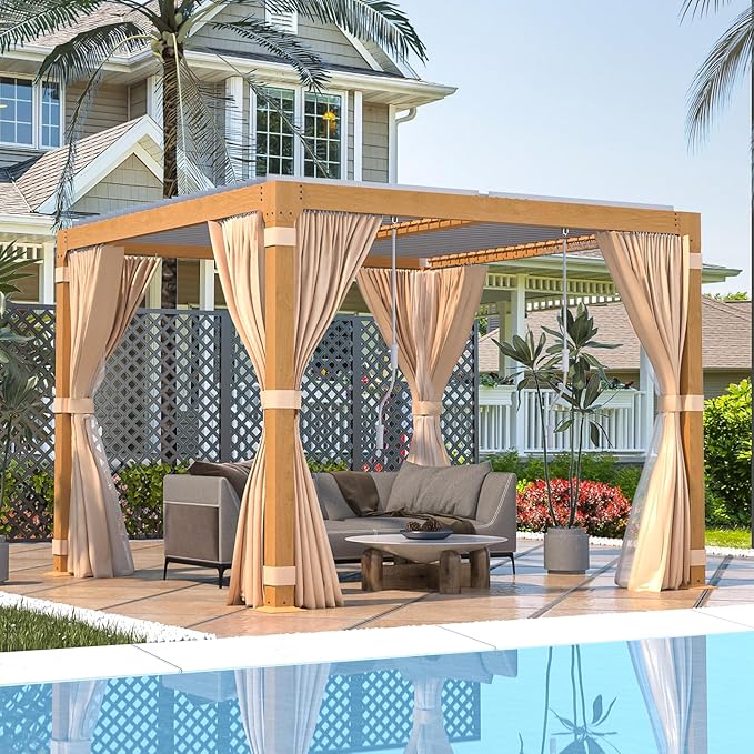 EROMMY Louvered Pergola 10x10, Outdoor Aluminum Pergola with Adjustable Rainproof Roof for Garden, Patio, Deck, Waterproof Curtains and Netting Included, Wood Grain