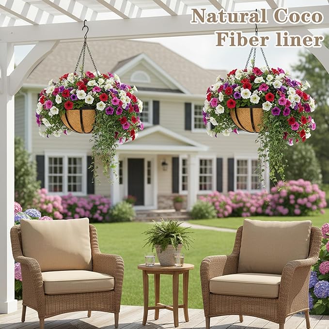 EIMQUVW 2 Pack Round Hanging Baskets 12 Inches Black Outdoor Metal Flower Pots with Coco Liner and Chain Heavy Duty Flat Iron Hanging Planters for Indoor Outdoor Gardens Decor