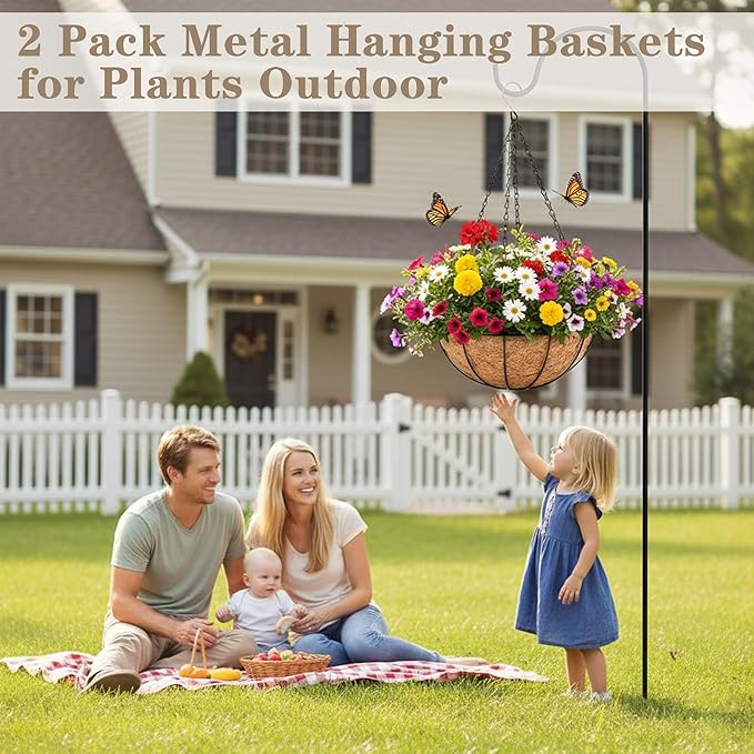 EIMQUVW 2 Pack Black Metal Round Hanging Basket 12 Inch Decorative Outdoor Coconut Fiber Planter with Chain Classic Hanging Flower Pots are Ideal for Gardens Patios Porches and Vertical Planting