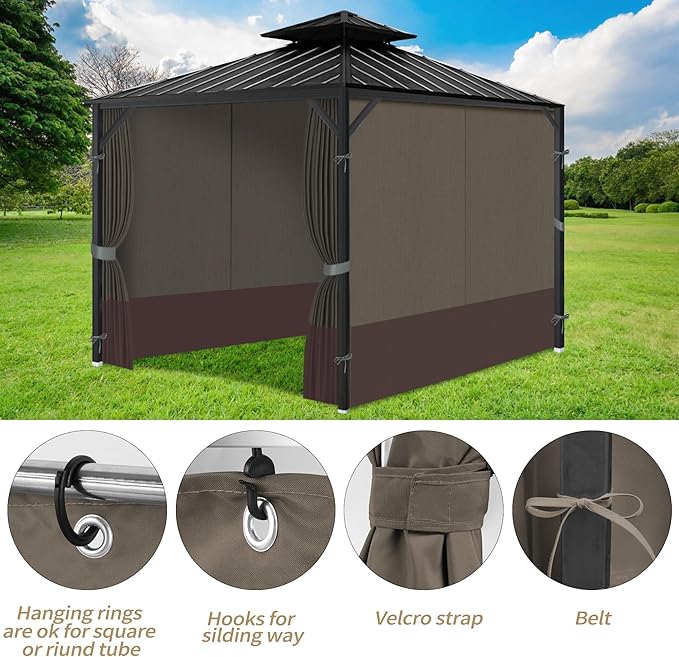 Gazebo Privacy Curtains 10' x 10' with Zipper 4-Panels Side Wall Universal Replacement for Patio, Outdoor Canopy, Garden and Backyard Khaki and Brown (Curtain Only)