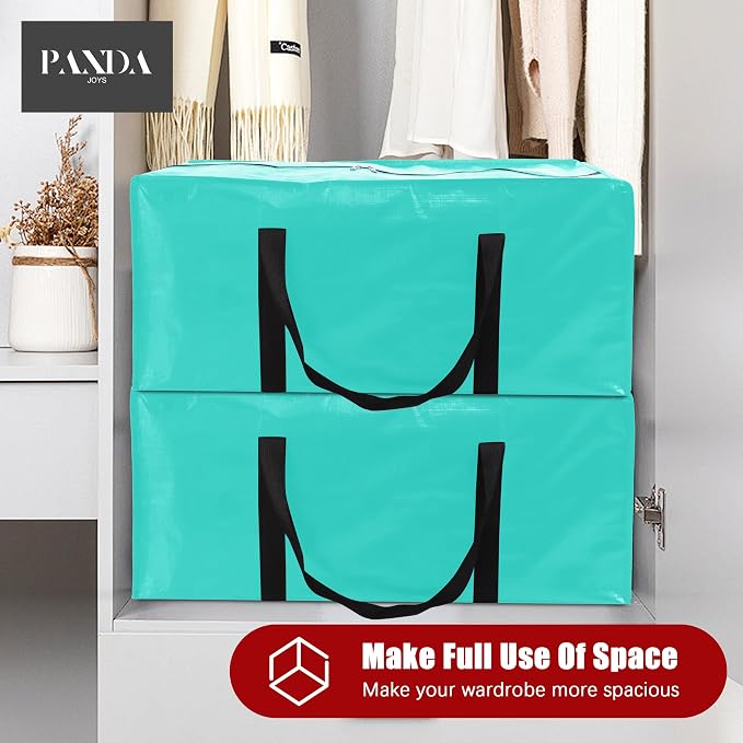 PANDA JOYS 12 Pack Extra Large Moving Bags with Zippers & Carrying Handles, Heavy-Duty Storage Tote for Space Saving Moving Storage, Fold Flat, Alternative to Box and Bin,Aquamarine