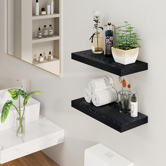 Fun Memories Rustic Black Floating Shelves 24 Inch Long, 8 Inch Deep Floating Shelf, 24 x 8 Wall Shelves Set of 2, Deep Black Bathroom Shelves, 24 Long Floating Bookshelf Wall Mounted