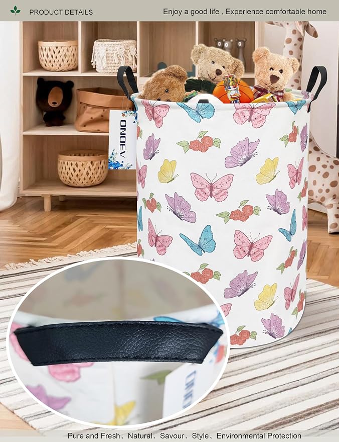 Round Butterfly Laundry Hamper Waterproof Fabric Home Storage