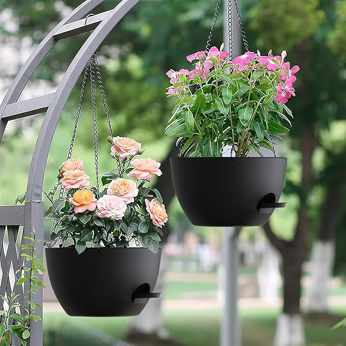 UOUZ Set of 3-10 Inch Self Watering Hanging Planters for Indoor & Outdoor,Hanging Plant Pots with Drainage & Removable Tray, Hanging Pots Holder for Ivy, Spider Plants, Ferns, Balcony & Patio, Black
