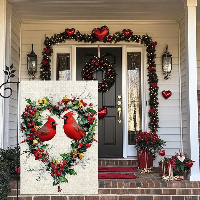 Spring Summer Cardinal Love Hearts Garden Flag 12x18 Double Sided, Welcome Yard Decor, Farmhouse Outdoor Flag for Lawn Patio Porch