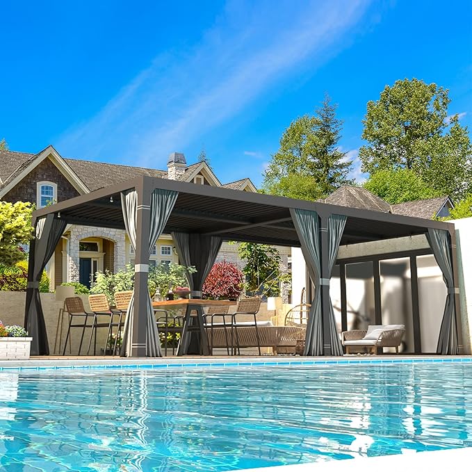 EROMMY Louvered Pergola 10x20, Outdoor Aluminum Pergola with Adjustable Rainproof Roof for Garden, Patio, Deck, Waterproof Curtains and Netting Included, Gray-Black