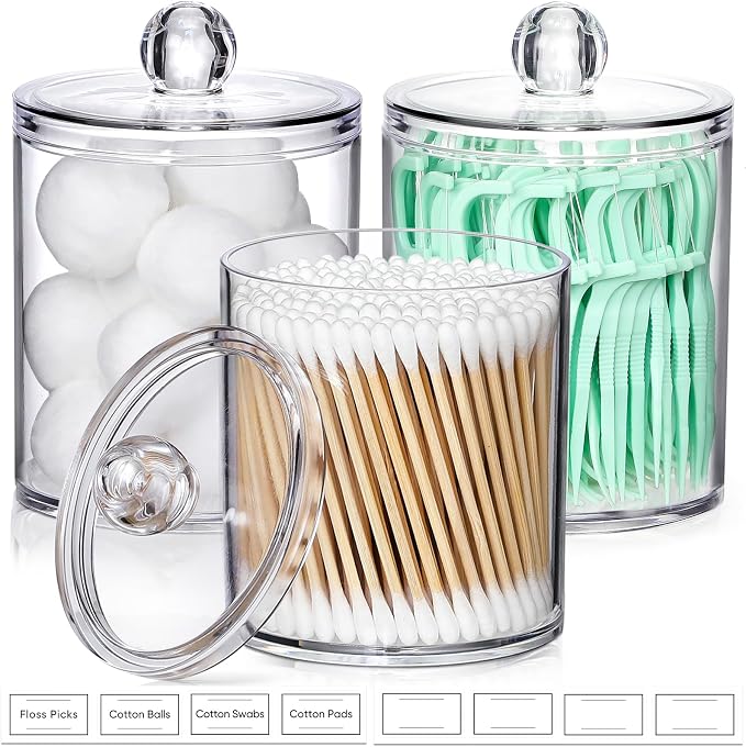 3 Pack Acrylic Qtip Holder Dispenser for Cotton Swabs, Balls, Floss Picks | Thick, Highly Clear, w/ Labels - Small Canister Apothecary Jar Set, Bathroom Decor Essentials, Shelf Vanity Storage Organizer