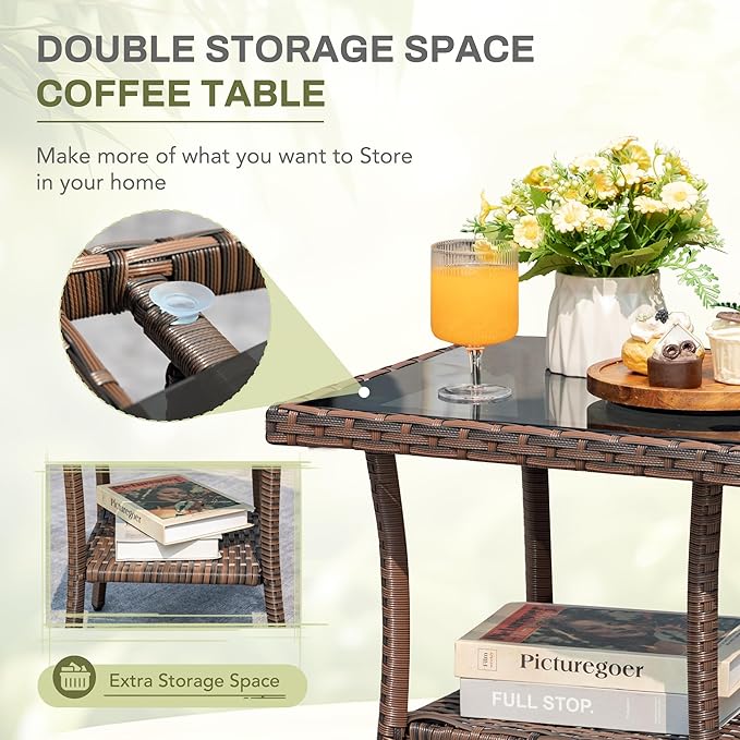 Greesum 3 Piece Outdoor Wicker Rocking Chairs Patio Furniture Set with Glass Coffee Table for Garden Backyard Porch Poolside, Red
