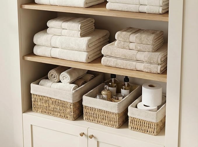 Wicker Storage Baskets Set of 3, Bathroom & Shelf Bins | Paper Rope Baskets with Removable Linen Liner Nesting Small/Medium/Large Organizer Bins for Pantry & Closet, Countertop