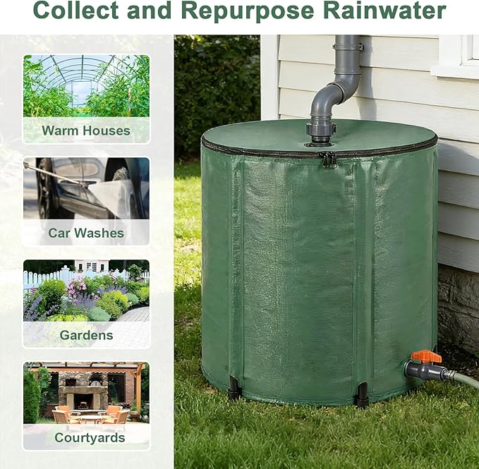 50 Gallon Collapsible Rain Barrel, Foldable Water Storage Tank, Support Rods & Drain Valve, Portable Rainwater Collection System for Garden Irrigation and Outdoor Use