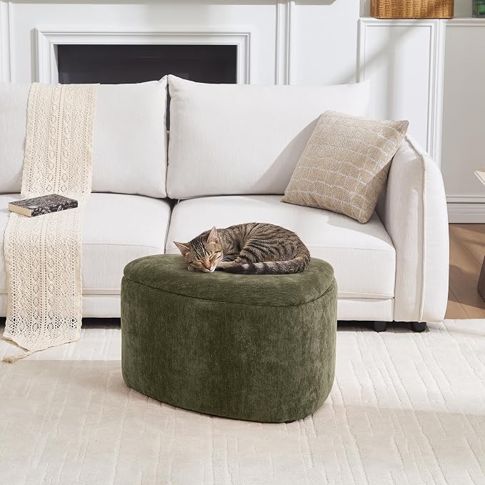 ONEVOG Storage Ottoman with Removable Lid, Upholstered Footstool, Green