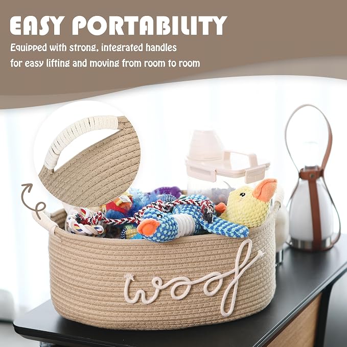 Sea Team Dog Toy Storage Basket with Handles, Beige Woof