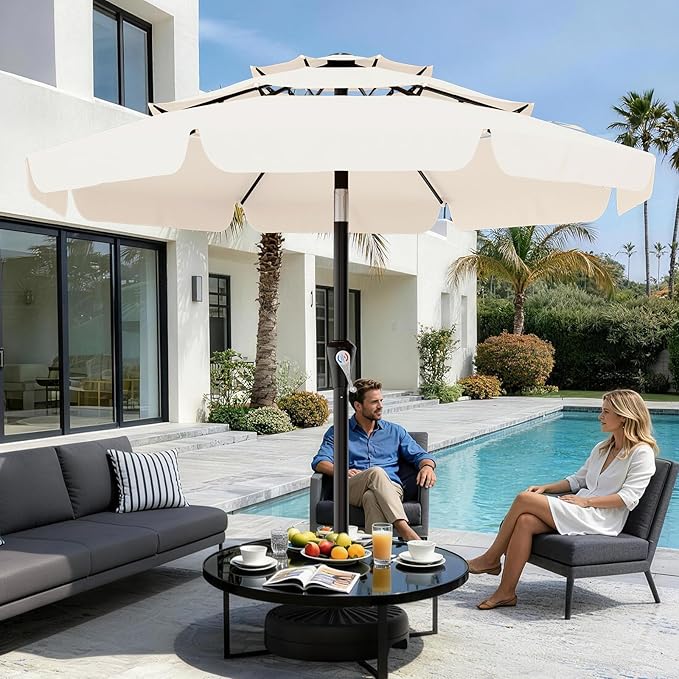 AreShark 9FT 3-Tiers Patio Umbrella with Valance, Outdoor Umbrellas with Crank/Tilt, Table Market Umbrella Vented w/ 8 Sturdy Ribs for Garden, Deck, Backyard, and Pool, Cream White