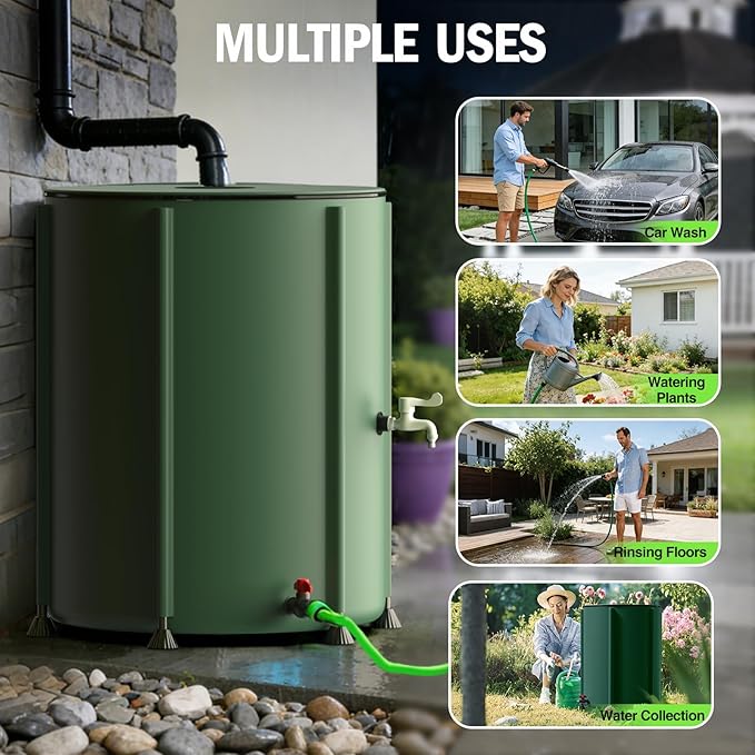 YAFF Collapsible Rain Barrel 53 Gallon Rainwater Collect System Water Storage Tank to Collect Rainwater from Gutter Downspout Water Catcher with Filter Spigot Overflow Kit for Garden, Lawn, Green