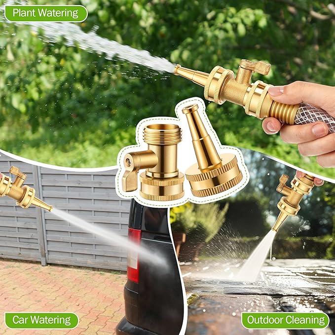 4 Pcs Garden Hose Nozzle Kit, 4" Brass Adjustable Twist Nozzle, Jet High Pressure Sprayer, Brass Shut Off Valve with 10 Rubber Washers, 3/4" GHT Connector for Sprinkler(High Pressure,2 in)